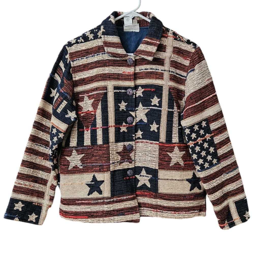 Coldwater Creek Tapestry Jacket Blazer Women's M Patriotic Stars Stripes USA